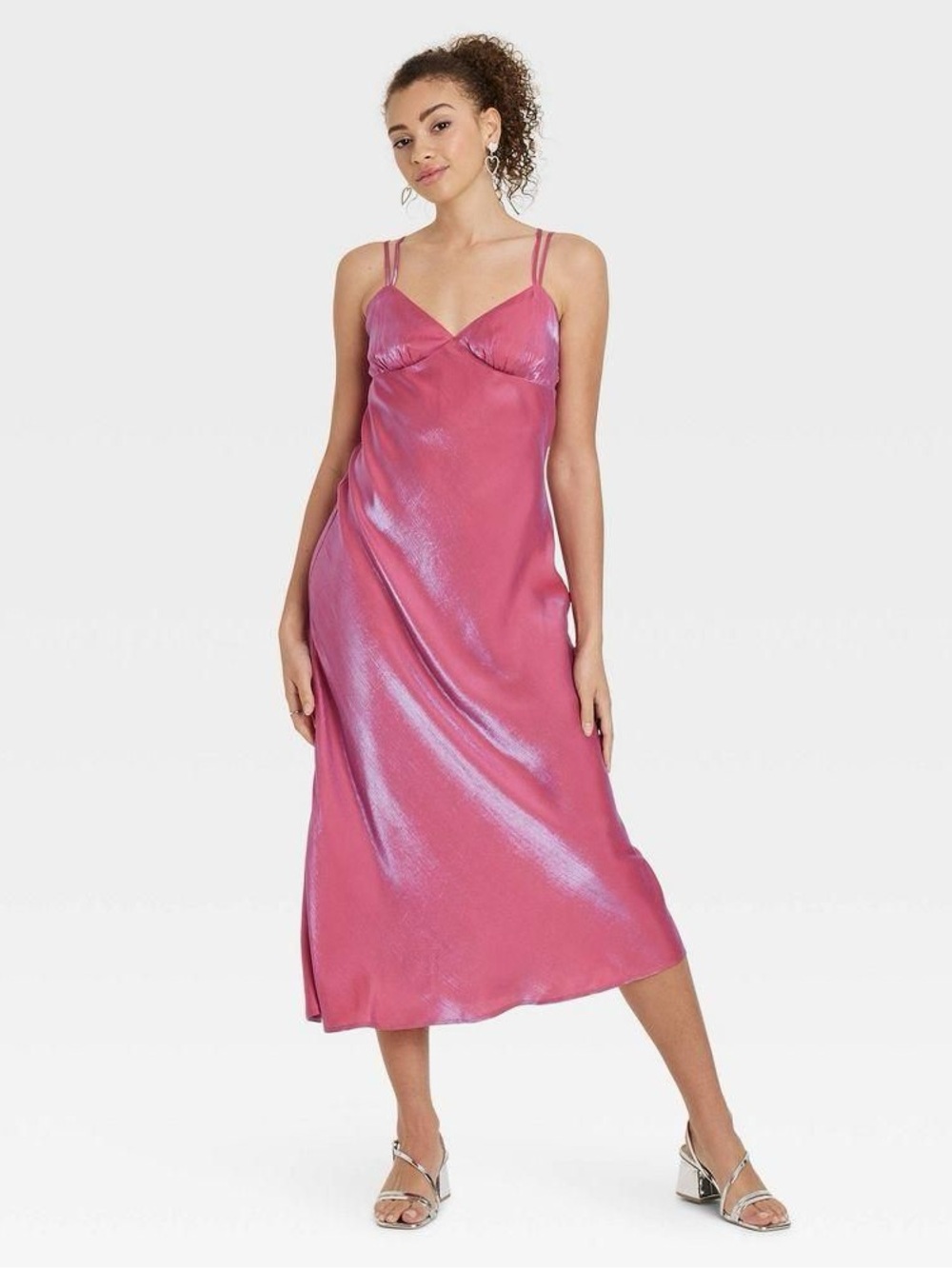 Wild Fable pink iridescent satin spaghetti strap midi dress barbiecore medium